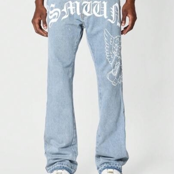 Blue Relaxed Fit Jeans with Graphics - Picture 1 of 8